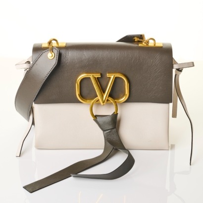 Valentino Garavini, Taupe / Cream Leather V-Ring Flap Crossbody Bag