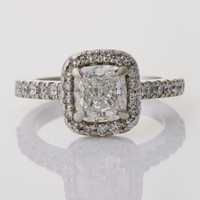 Platinum, Bespoke, 1.51ct Cushion Cut / .49ct Diamond Halo Ring, GIA certified