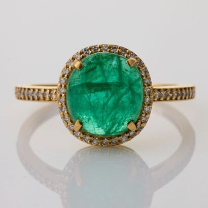 14ct Yellow Gold, 1.80ct Oval Cabochon Cut Natural Emerald / .16ct Diamond Ring