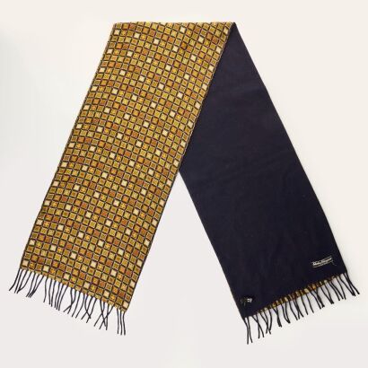 Salvatore Ferragamo, 100% Navy Cashmere / 100% Natural Silk Double Sided Scarf