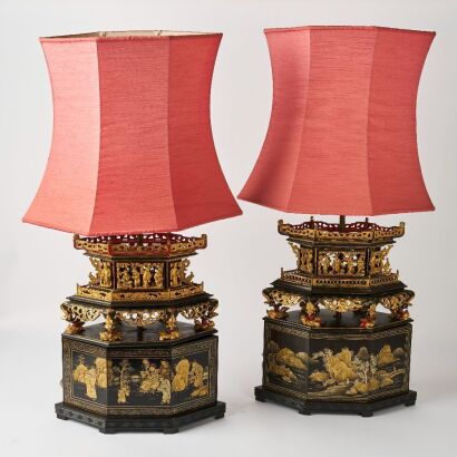 A Pair of Chinese19th Century Black-lacquer and Gilt Carved Table Lamps