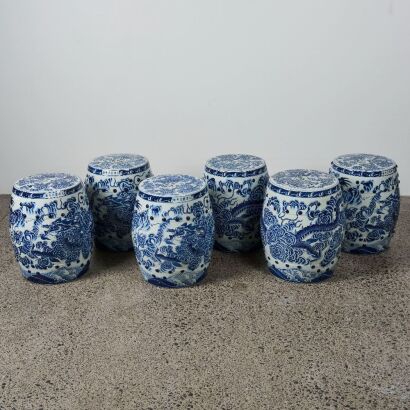 A Group of Six 20th Century Chinese Blue and White &lsquo;Dragon&rsquo; Stools
