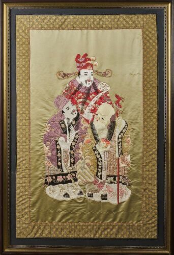 A Chinese Early 20th Century &lsquo;Fu,Lu, Shou&rsquo; Framed Embroidery