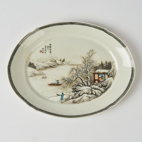 A Chinese Republic Period Famille-rose &lsquo;Snow Landscape&rsquo; Oval Dish