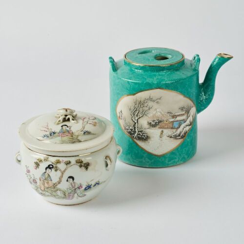 A Chinese Late Republic Period Famille-rose &lsquo;Snow Landscape&rsquo; Teapot AND A Chinese Late Republic Period Shallow Enamel &lsquo; Lady' Covered Jar
