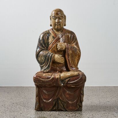 A Chinese 19th Century Qing Dynasty Painted Wooden Arhat