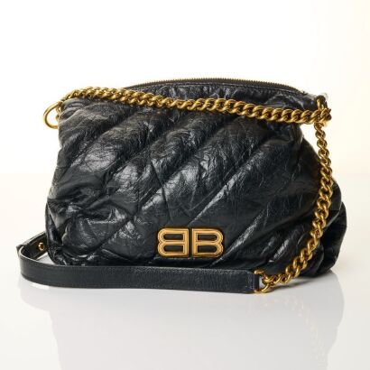 Balenciaga, Black Leather Crush Hobo Bag, Size Small