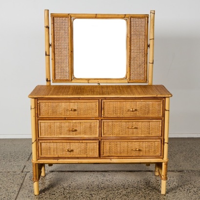 A Vintage Wicker and Bamboo Six Drawer Dresser with detachable Mirror (1970s)