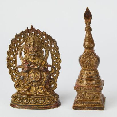A Chinese Tibetan Bronze Bronze Figure of Mahakala AND A Chinese Tibetan Bronze Stupa