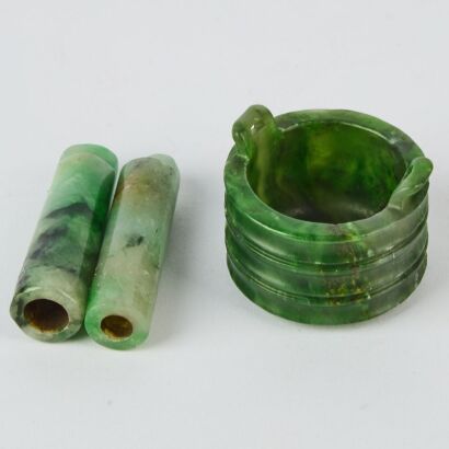 A Chinese Archaistic Jadeite &lsquo;String-Pattern&rsquo; Double-Handled Censer AND A Pair Of Chinese Qing Dynasty Jadeite Hat Finials