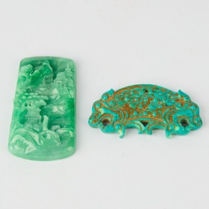 A Chinese Jadeite 'Landscape' Plaque AND A Chinese Turquoise 'Twin Tiger Head' Huang-form Pendant