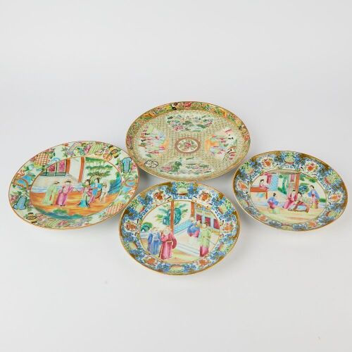 A Group of Four Chinese Qing Dynasty Canton Famille-rose &lsquo;Figural&rsquo; Dishes