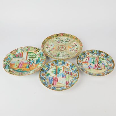 A Group of Four Chinese Qing Dynasty Canton Famille-rose &lsquo;Figural&rsquo; Dishes