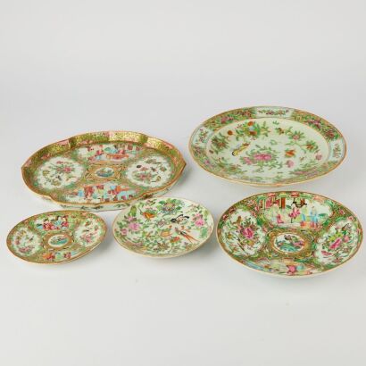 A Group of Five Chinese Qing Dynasty Canton Famille-rose &lsquo;Figural and Bird-and-Flower&rsquo; Dishes