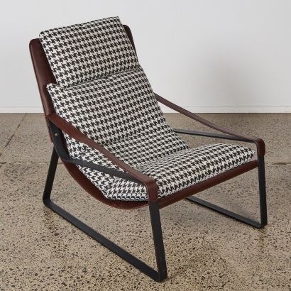 A Sling Armchair with Steel Frame and Houndstooth Upholstery
