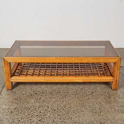 An Oak & Cane Coffee Table With Lattice Shelf & Glass Top