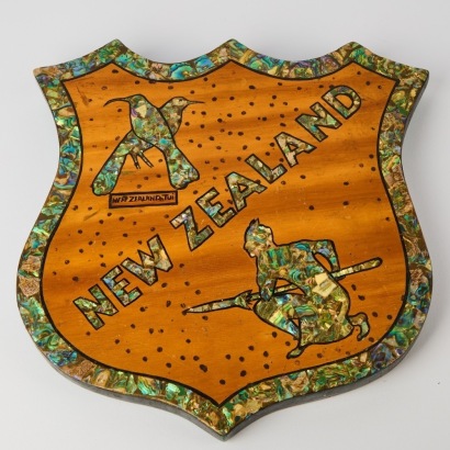 A Vintage Pāua Inlay 'New Zealand' Wall Hanging