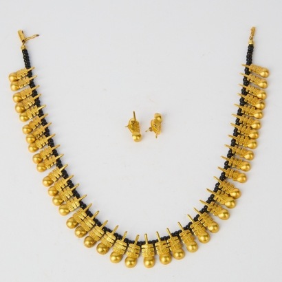 A Vintage Pre-Columbian Gold Plated Black Thread Kerala Necklace and Earring