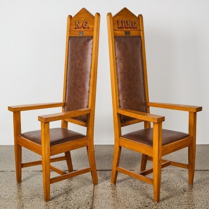A Pair of Vintage Lodge Chairs with Great War 1914-18 Silver Plaques