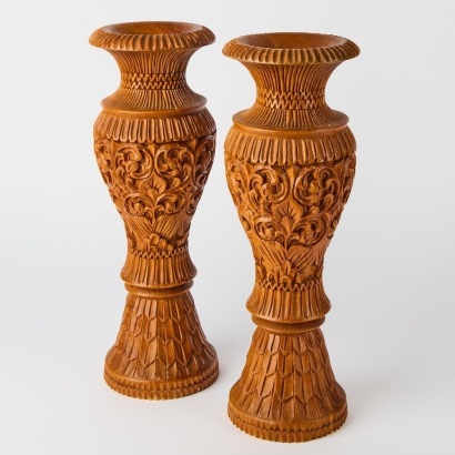 A Pair of Ornately Hand Carved Wooden Vases