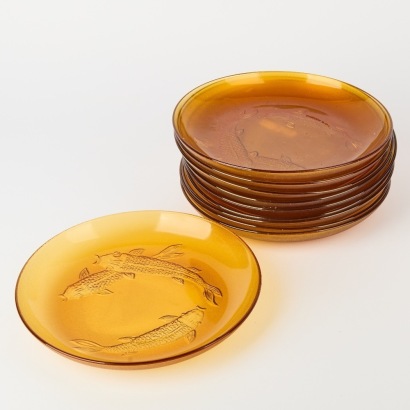 An Amber Glass Swimming Koi Plate Set