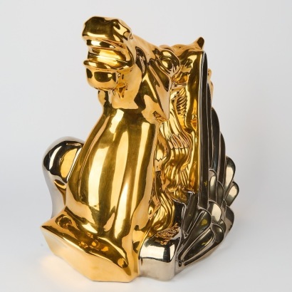 An Italian Ceramic Winged Horses Head Sculpture Glazed In 24K Gold