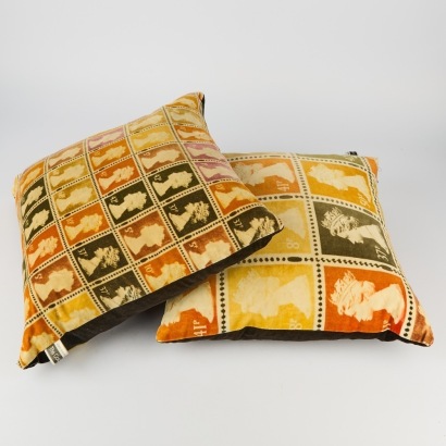 A pair Of Velvet Queen Stamp Cushions by Zara Siddiqui-Lester Feather Filled