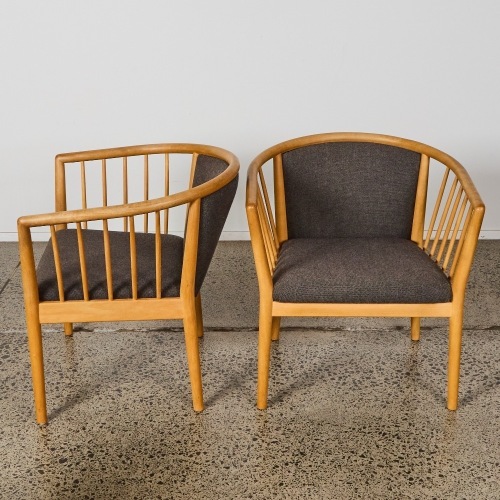 A Pair of Mid-Century Finn Ostergaard Beech and Wool Upholstered Armchairs, Denmark