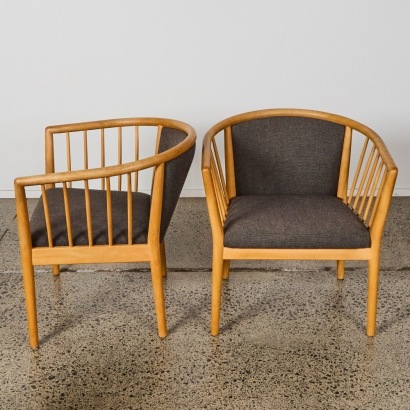 A Pair of Mid-Century Finn Ostergaard Beech and Wool Upholstered Armchairs, Denmark