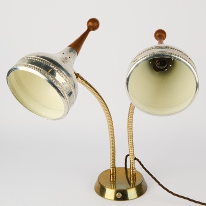 A Mid-Century Brass, Teak and Aluminium Twin Gooseneck Danish Lamp