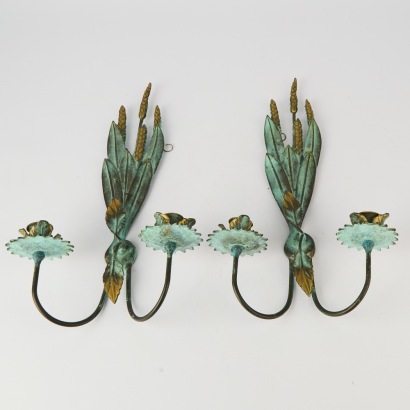 A Pair of Verdigris Brass Wheat Sheaf Candle Wall Sconces