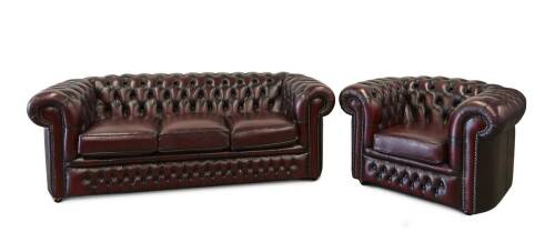 A Deep Buttoned Leather Chesterfield with Matching Armchair Gascoigne