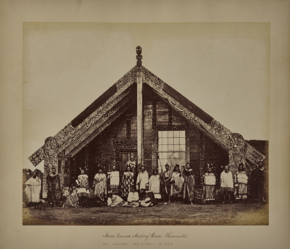 HERBERT DEVERIL Māori group outside Tamatekapua Meeting House, Ohinemutu, Rotorua