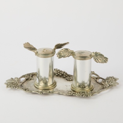 A Pewter Salt and Pepper Set by Seagull Canada with Tray