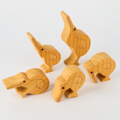 A Set of 5 New Zealand Made Wooden Toy Kiwi's