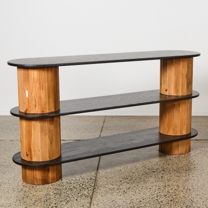A Black Oak Style Console with Natural Wood Pillars