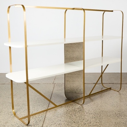 A Brass Frame Shelving Unit with White Lacquer Tiers