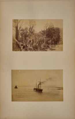 GEORGE D. VALENTINE Album page with two Albumen prints. Bush Scene and S. S. Rotorua