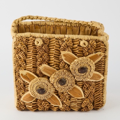 A Plait Woven Bag With Floral Applique, Polynesia