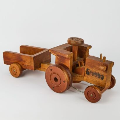 A Vintage New Zealand Made Wooden Toy Tractor And Trailer By Grubba