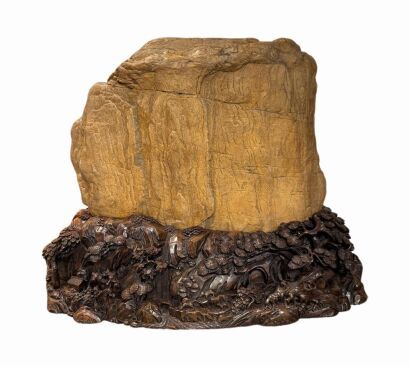 A Chinese Amazing Large Yellow Wax Stone with Aged Wooden Carved Stand