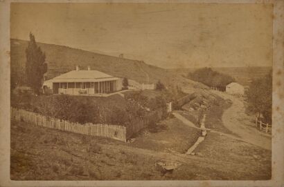 UNKNOWN PHOTOGRAPHER Postcard of Homestead at the Northern end of the Hawkdun Range c1880s-1890s albumen print mounted on card 110 x 160mm Social History Canterbury