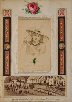 UNKNOWN PHOTOGRAPHER A album page with two chromolithographed portrait prints after Francis Miles, and a mounted albumen photograph of "Roman Catholic Church, Nelson, N.Z." along with floral collaged and painted details.