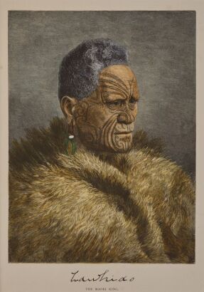 WILLIAM MACLEOD (1850-1929) Hand coloured engraving of Tāwhiao. The Maori King