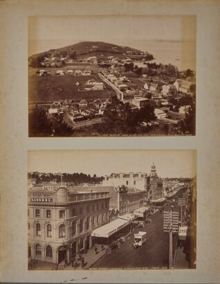 JAMES VALENTINE An album page with 4 Albumen photographs of Wairakei, Queenstown, Devonport and Queen Street, Auckland
