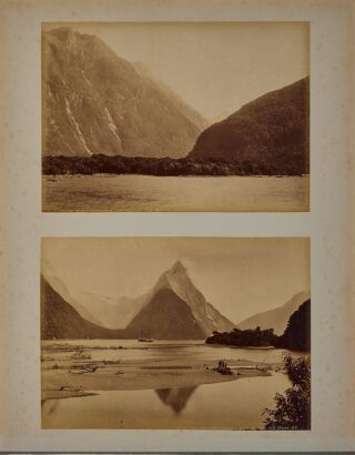 JAMES VALENTINE An album page with four photographs of the Milford Sounds ande the S.S. Tarawera