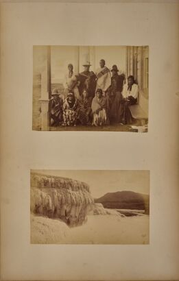 GEORGE D. VALENTINE An album page with two albumen photographs. Burton Brothers 'At Kihikihi' from 6 June 1885 and George Valentine's 'Giant Buttress' formation on the White Terrace.
