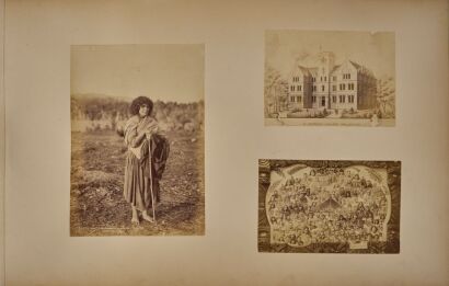 THOMAS EDWARD PRICE An album page with two photographs and an illustration of St Patricks College, Wellington. Burton Bros 'Ani - Taumarunui - King Country' 1885, and Price's Montage of Māori faces