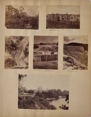 UNKNOWN PHOTOGRAPHER An album page with six albumen photographs of Auckland, including Wellesley Street school and Lake Takapuna and the White Terraces in Rotorua.