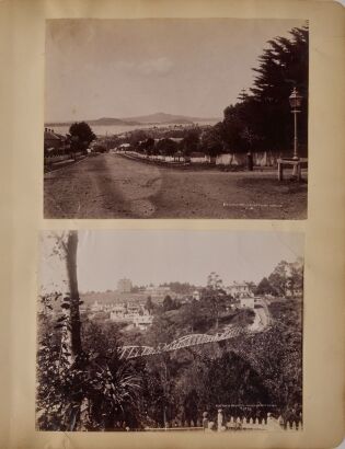 JOSIAH MARTIN An album page with four albumen photographs. Wellingtons Head, Whangaroa, View to the top of Grafton, Auckland and Auckland Hospital from Cemetry Bridge attributed to Josiah Martin and White Terraces by an unidentified photographer